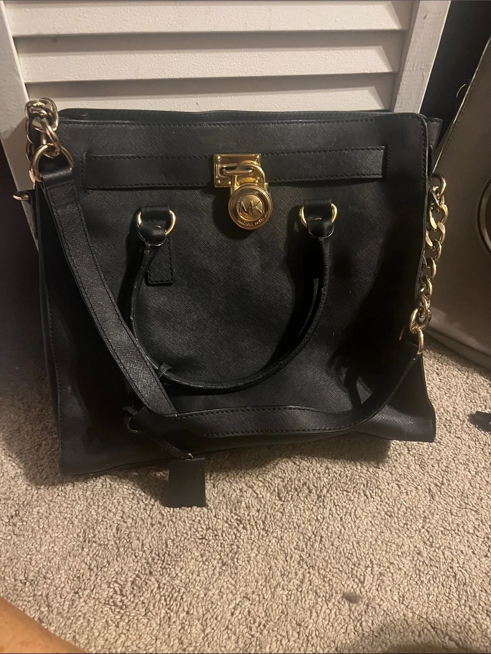 Michael Kors Black Leather Satchel with Gold Chain Accents